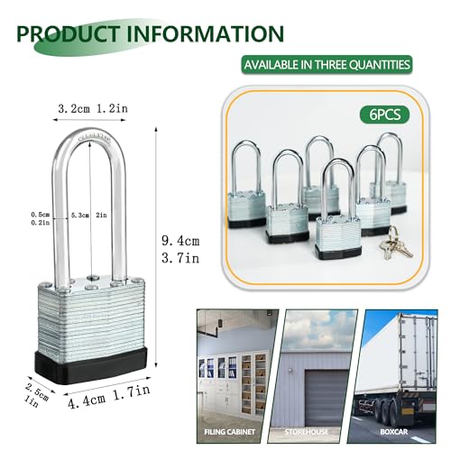 6 Keyed Alike Padlocks with 12 Keys, 40mm Heavy-Duty Padlocks with Same Keys Long Shackle Durable Hardened Steel for Gate Fence Toolbox School Gym(1.7 * 3.7inch)