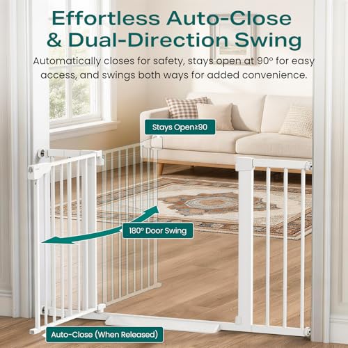 Cumbor 30-46 Inch White Baby & Pet Gate with Auto-Close & Double Lock, Adjustable Walk-Through Safety Gate for Stairs & Doorways