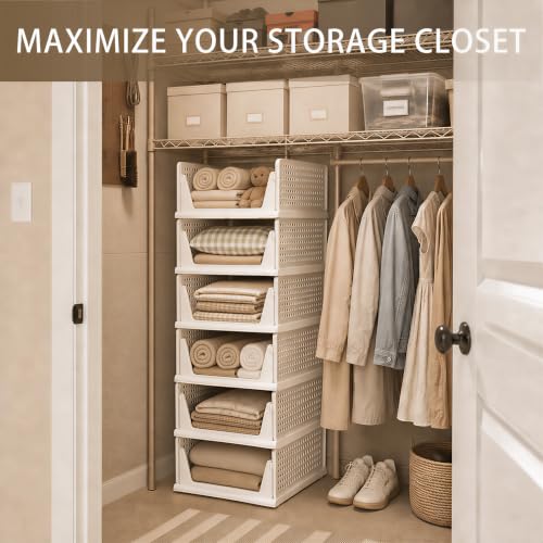 Pinkpum 6 Pack White Stackable Closet Storage Bins - Multi-Functional Drawer Organizers