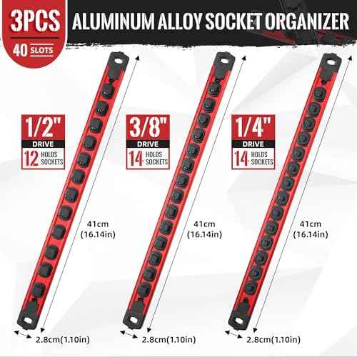 Magnetic Socket Organizer, 3-Piece Heavty Duty Aluminum Socket Holder, Socket Rail for Tool Box, Premium Quality 360¡Æ Swivel Socket Rack Kit with 40 Clips for 1/2, 3/8, 1/4-Inch(Red)
