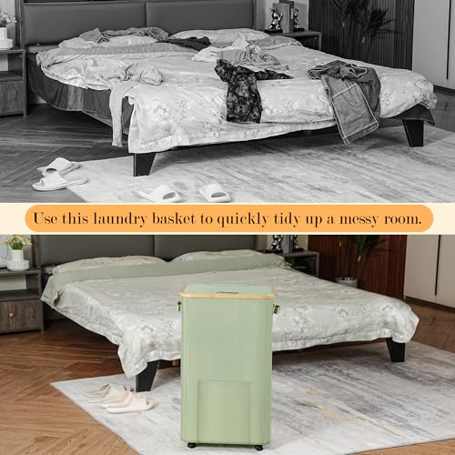 Vincona 75L Sage Green Laundry Basket with Wheels and Lid - Tall Rolling Hamper
