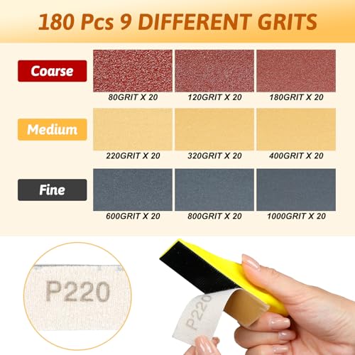 180-Piece Mini Sanding Kit with Grit Sandpaper & Hand Blocks for Woodworking