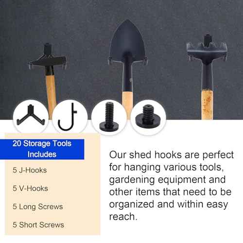 BOXOB 20pcs Tool Hooks for Suncast/Craftsman, V & J Shape Storage Shed Hooks with 10 Long & Short Screws Tool Hanger Garage Wall Organization for Shed Shelves Accessories Shovels Rakes Organizer