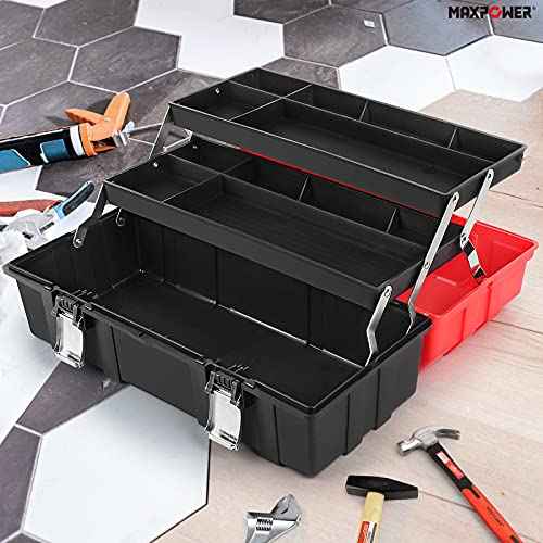 MAXPOWER 16-Inch Tool Box, Three-Layer Folding Plastic Storage Toolbox, Multi-Function Organizer with Tray and Dividers