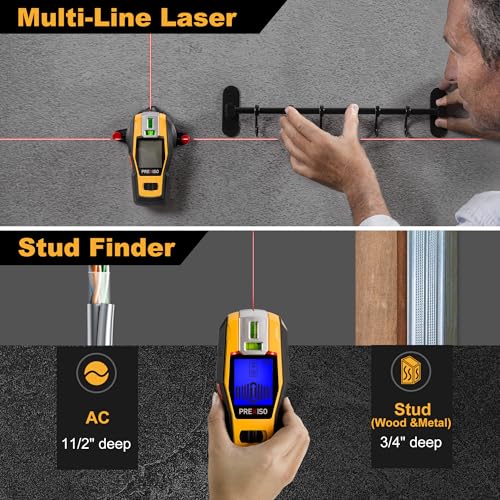 PREXISO 2-in-1 Stud Finder with Laser Level, Rechargeable Multi Surface Cross Line Laser & Wall Stud Scanners Tool for Hanging Frames & Picture, Wood Ac Wire Metal Studs Joist Pipe Detection