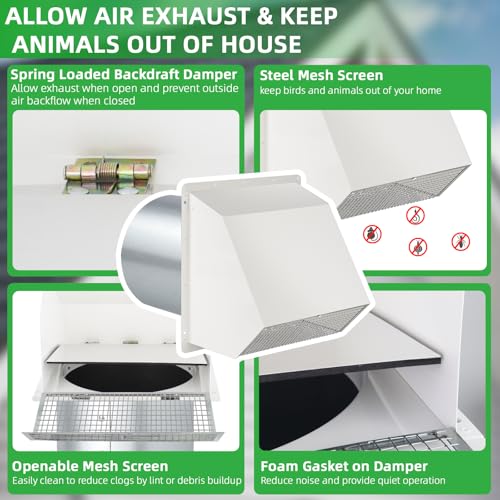 4 Inch White Hooded Exterior Dryer Vent Cover with Screen & Damper (Galvanized Steel) – Wall Mount