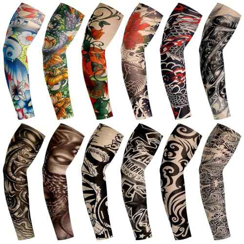 Geyoga 12 Pcs Tattoo Sleeves Fake Arm Sleeves Cover Realistic Soft Elasticity UV Protection for Men Women Working