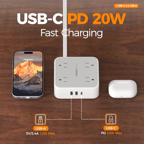 TESSAN 11-in-1 Surge Protector Power Strip with 900J Protection, 5ft Flat Cord, Grey & USB-C
