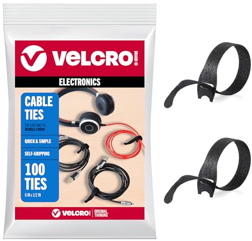 VELCRO Brand Reusable Cable Ties 6-inch Black, 100 Pack - Cord Management