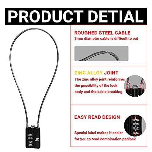RESET-200 (2 Pack) 4-Digit Combination Flexible Cable Padlock, 12 inch (30 cm) Long, 3mm Diameter Cable for Trash Can Lid, Bin, Locker, Cabient, Luggage, Suitcase, Gun Case, Toolbox, Helmet - Black
