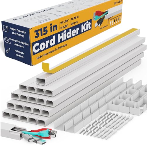 EVZA White 315-Inch Wall Cord Cover Kit for 3-4 Cables, Paintable & Self-Adhesive