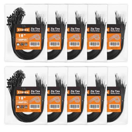 Eletoo18 Inch Black Zip Ties Heavy Duty 1000 Pack, 75LBS Tensile Strength, Self-Locking Heavy Duty UV Resistant Cable Ties for Indoor and Outdoor Use