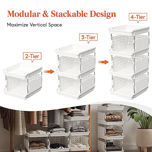 Lifewit White 4-Tier Stackable Storage Baskets - Multipurpose Organizer, 13.8"D x 11.8"W x 28.3"H, 1 Pack