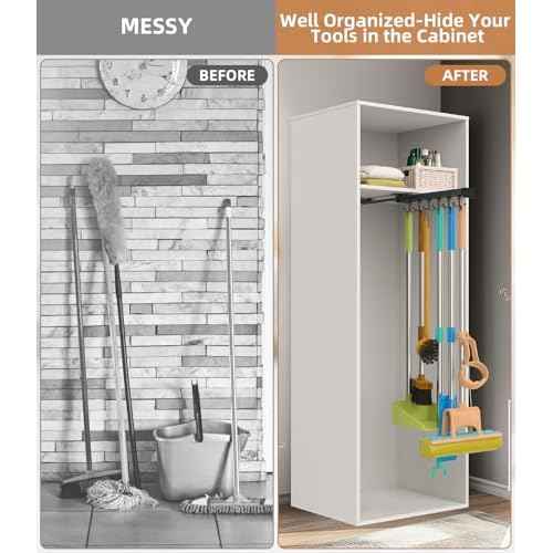 Pull Out Broom Holder With Adjustable Double Row Sliding Hook, Multifunctional Slide Broom And Mop Storage/Organizer Garage Organization Hooks, for Closet Laundry Garage - 36cm/14.17in