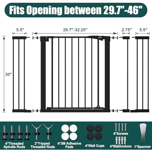 Keny Baby Gate 29.7-46" Wide x 30" Tall, Black Auto Close for Stairs & Doorways
