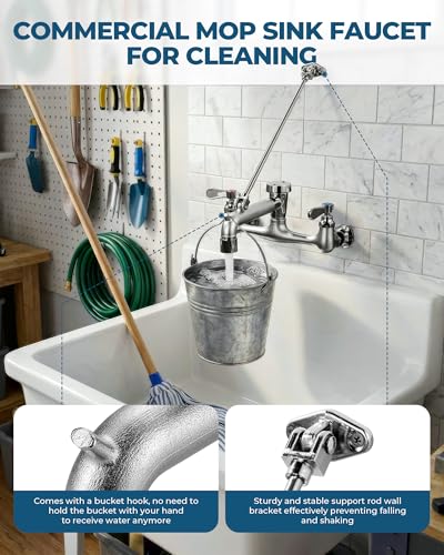 IVIGA Rough Chrome Commercial Wall Mount Mop Sink Faucet with Vacuum Breaker, 8 Inch Center, 1/4 Turn Ceramic Valves, Heavy Duty Solid Brass