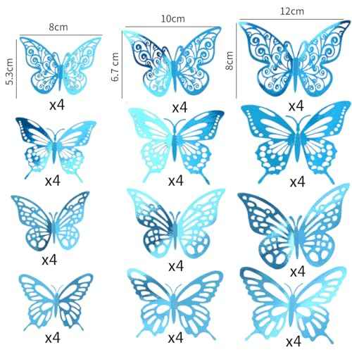 48Pcs 3D Butterfly Wall Decor - 3 Sizes, 4 Styles Decorations for Party, Birthday, Cake - Removable Shiny Blue Stickers for Kids, Baby, Girls Bedroom, Classroom, Offices