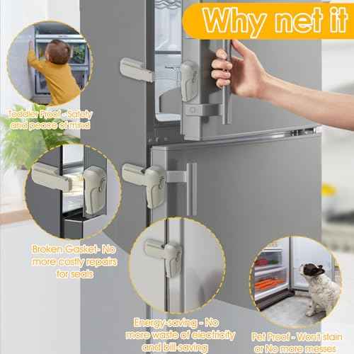 Fridge Lock for Kids - Refrigerator Lock & Freezer Lock, 2-Pack Dual Mode, Child Proof, Adhesive No-Drill Fridge Child Lock to Keep Fridge/Freezer Door Closed - Keep Toddlers & Pets Safe(Gray)