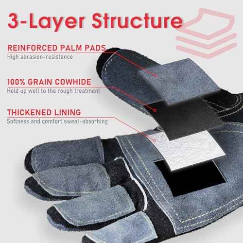 YESWELDER Leather Work Gloves for Men or Women£¬Suitable for welding & gardening etc. Cowhide leather with cotton lining, wrist closure, grippy and durable.Reinforced palm and finger,Black-gray L