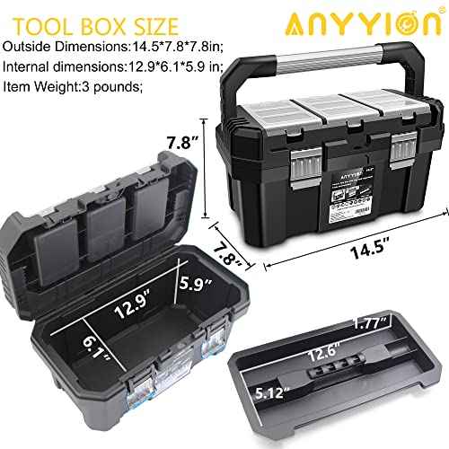 Anyyion 13 inch Small Tool Box with Removable Tray, Truly Strong and Durable For Hobby or Craft Storage Toolbox, (Internal Size:12.9"Lx6.1"Wx5.9"H)