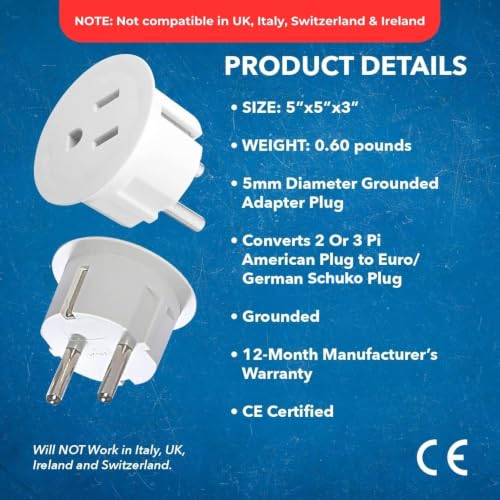 OREI 6 Pack USA to Europe Plug Adapter, Type E/F Schuko, Germany, France