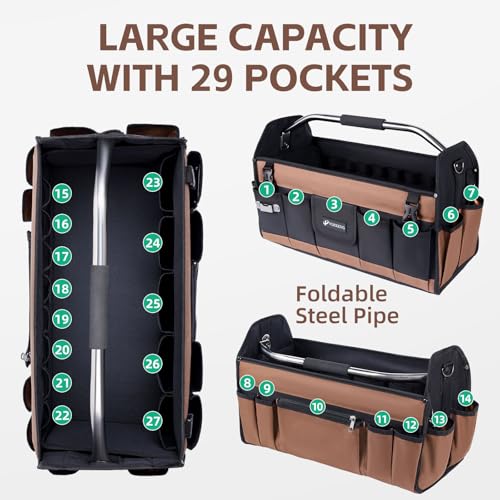 20 Inch Tool Bag, Foldable 19 Pockets Tool Tote Bags with Tool Organizer with Adjustable Shoulder Strap, Easy Carry and Easy Tool Access Open Top Tool Bag