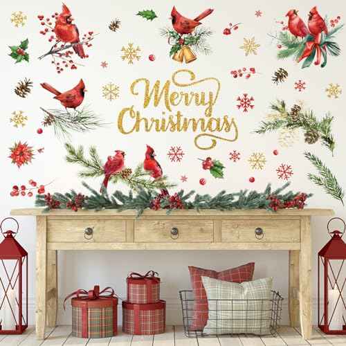 9 Sheets Christmas Cardinal Wall Stickers Winter PVC Plastic Decorative Decals Watercolor Bird Wall Decor for Home Xmas Party Supplies, 7.9 x 11.8 Inch