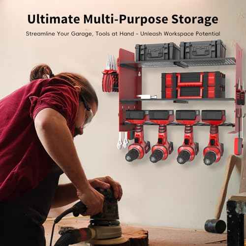 NWH Power Tool Organizer Wall Mount,Tool Organizer with 5 Drill Racks in Garage, 3 Levels of Storage Space, Heavy Duty Metal Power Tool Storage Rack Tool Shelf for Garage Organization