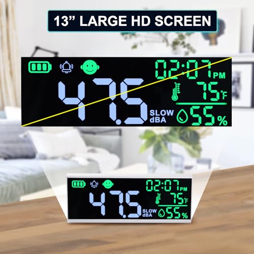 Decibel Meter 13" Sound Display Time Temperature Humidity, Wall
