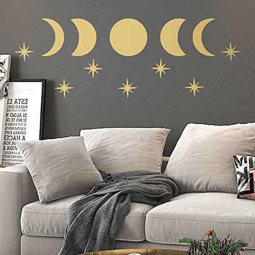 Vintage Metallic Gold Vinyl Starburst Stars Moon Phases Wall Decals, Peel and Stick Modern Boho Stickers Bohemian Scandinavian Bedroom Living Room Wall Art Decor