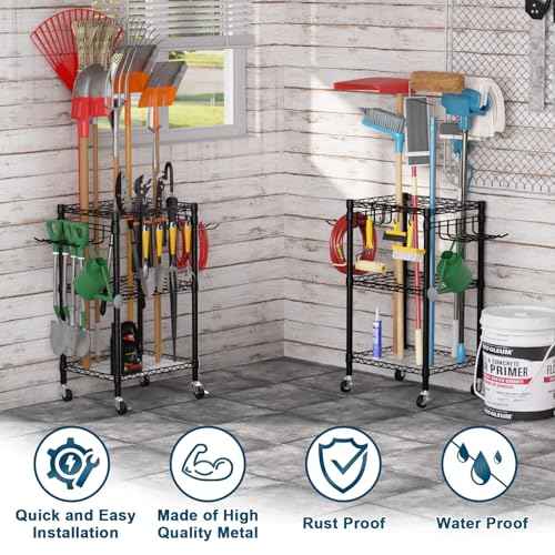 T1 Garden Tool Organizer£¨With Lockable Wheels£©Heavy Duty Garage Tool Storage for Yard£¬Shed£¬Outdoor and Lawn£¬Freestanding Tool Organizers and Storage UP to 50 Tools£¬Black with Anti-Tip Device