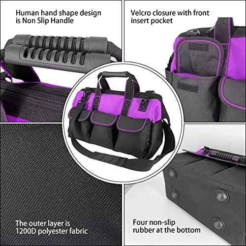16-inch for women purple Tool Bag Non-slip feet adjustable shoulder strap 14 functional insert pockets,large capacity Men's heavy-duty toolbox,for electricians, carpentry,gardening (Purple)