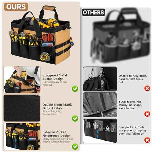 Tool Bag,16-Inch Heavy Duty Tool Bags for Men,27 Pockets Tool Box Organizer Storage,Wide Mouth Toolbag Tools Tote Carrying Case for Dad,Mechanic,Electrician,Black+Brown,Bag Only