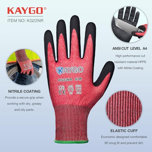 KAYGO Cut Resistant Gloves Micro Finishing Nitrile Coated,ANSI Cut Level A4,KG22NB