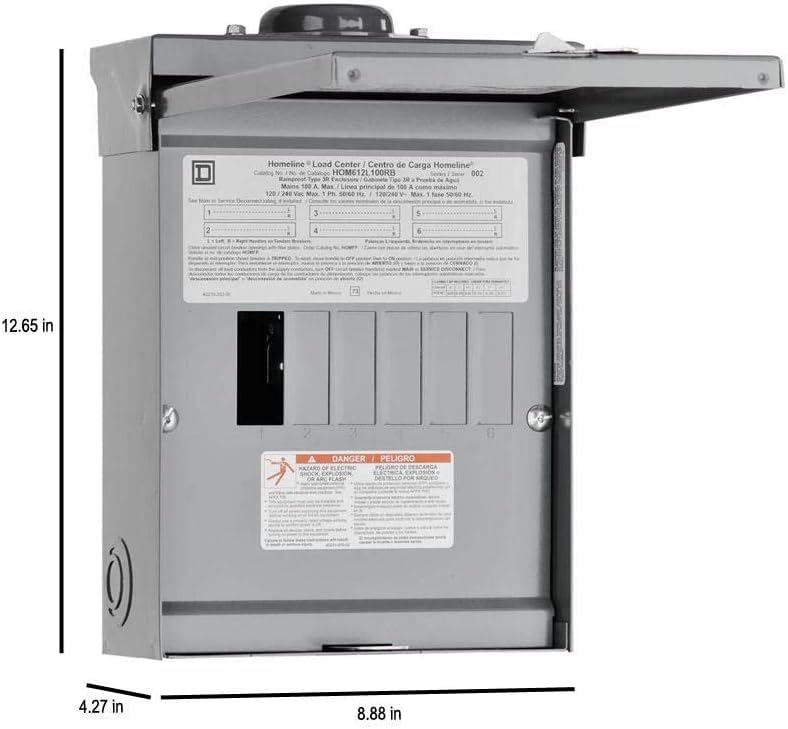 Square D by Schneider Electric Homeline 100 Amp Outdoor Main Lug Load Center, Circuit Breaker Box, 6-Space 12-Circuit, 120/240 VAC, UL Listed, Rainproof NEMA 3R Enclosure (HOM612L100RBCP)