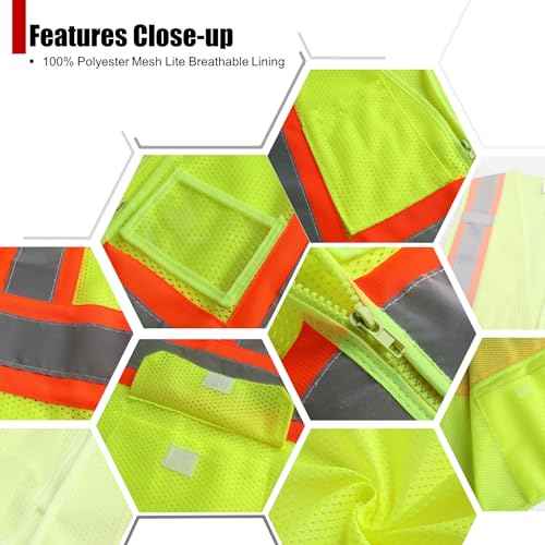 Reflective Safety Vest for Men Women Hi Vis Vest with Pockets High Visibility Vest Mesh Construction Vests Meets ANSI/ISEA Standards (Yellow-33, Large)