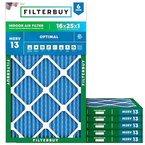 Filterbuy 16x25x1 Air Filter MERV 13 (MPR 1900) Health Defense Replacement (6-Pack), Electrostatic Pleated HVAC AC Furnace Filters, Made in USA (Actual Size: 15.50 x 24.50 x 0.75)