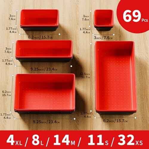 [5 Sizes] [69 PCS] Tool Drawer Organizer, Desk Tray, Rolling Chest, Toolbox (Black+Red)