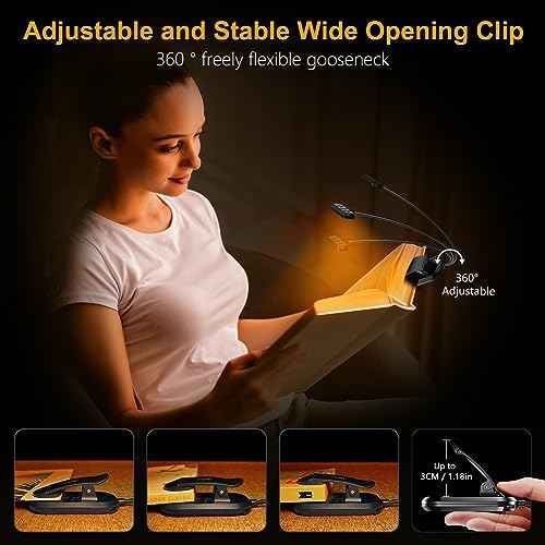 Gritin Rechargeable Book Light for Reading in Bed with 19 LED &Memory Function-Eye Caring 3 Color Temperatures,5 Brightness Levels,80 Hrs Runtime Flexible Goose Neck Clip on Light for Book Lovers