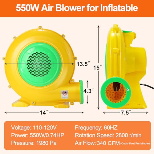 ZAFIED 550W/0.74HP Commercial Bounce House Blower with Double-Sided Fan - Fast Inflation for Inflatable Castles and Slides