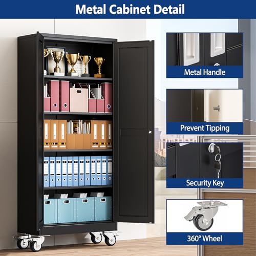 Ckzbx Metal Garage Storage Cabinet with Locking Doors, 71" H, Rolling Tool Cabinet with Adjustable Shelves - Black