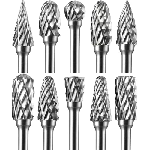 10 Pcs Carbide Burr Set 1/8" Shank Compatible with Dremel Milwaukee Bits Rotary Tools Attachment Kit Rasp Drill File Accessories Metal Wood Stone Steel Grinding Carving Cutting Engraving