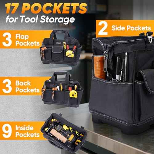 TICONN Heavy Duty Tool Bag with Multi-Pockets, Portable Tool Box Organizer Storage Bag, with Adjustable Shoulder Strap and Ergonomic Handle (Black, 16" Molded Base)