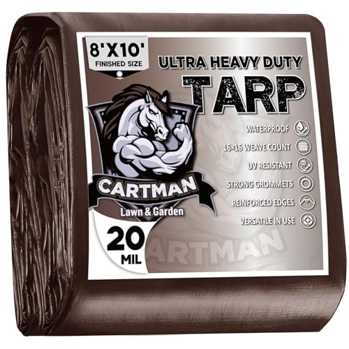 CARTMAN 8x10Ft Brown Waterproof Poly Tarp Cover 20 Mil Heavy Duty Weatherproof