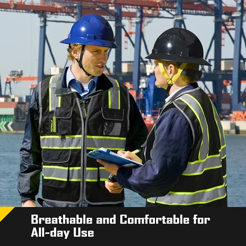 COOLJOB 9 Pockets Reflective Mesh Safety Vest for Men, Hi-vis Work Vest for Construction, Class 2 ANSI Standard, Black Yellow