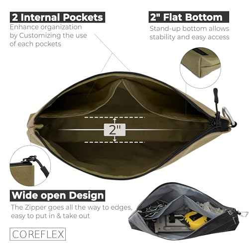 COREFLEX 2 Pack Premium Tool Pouch Zipper Bag with internal pockets, 12inch Tool Bag, Multipurpose Storage pouch, Flat Bottom for stand alone (2 Pack, Tan, Olive)