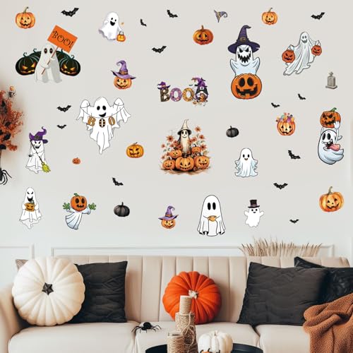 Halloween Wall Stickers and Window Clings 6 Sheets - Removable Peel and Stick Spooky, Bat, Pumpkin Decals for Home Office Classroom Halloween Decorations