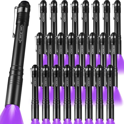 24 Pack UV Blacklight Flashlights Bulk, 395nm UV Pen Light with Clip, LED Handheld Blacklight Detector for Leak Pet Urine Hotel Inspection Dry Stain Neon Party Favors(Black)