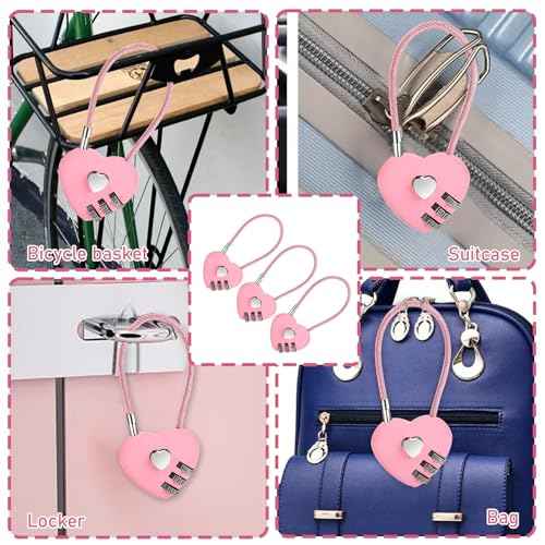 3 PCS 3 Digit Combination Padlock Heart Combination Locks Pink Code Lock with Steel Wire Rope Mini Luggage Locks Love Locker Lock Cute Combo Lock for Backpack Luggage Lockers Jewelry Boxes