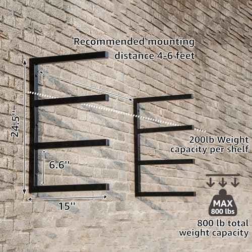 YYR Wood Organizer and Lumber Storage Rack Wall Mount, Heavy Duty Metal Shelf with 4-Level Holds Up 800 LBS, Indoor & Outdoor Use - Black